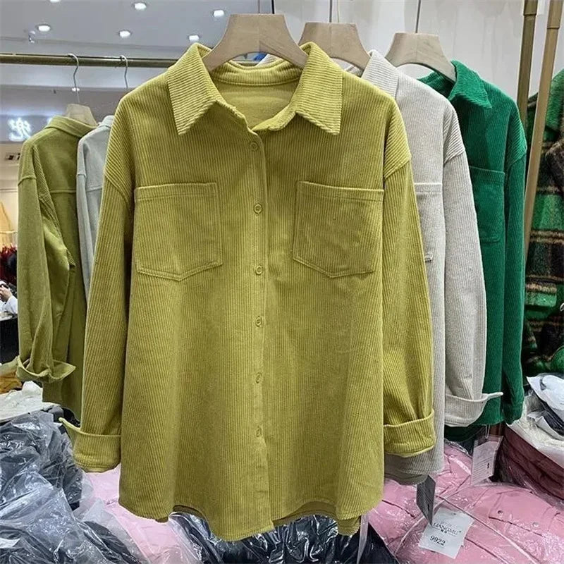 Solid Color Spring Female Corduroy Shirt Coat Women Leisure Long Sleeved Cardigan Blouse Jackets Ladies New Fashion Outwear